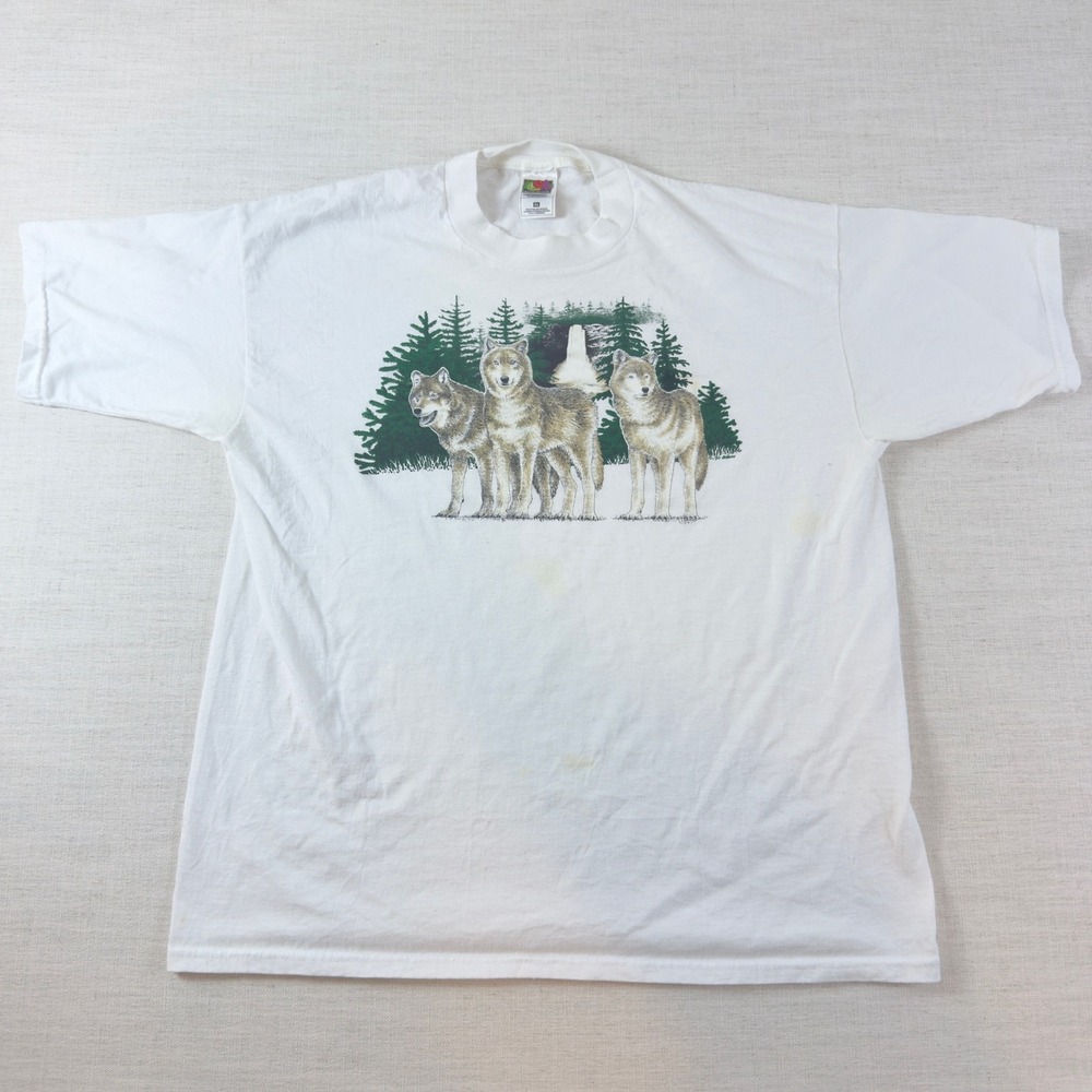 Vintage Fruit of the Loom Wolf Nature Graphic T-Shirt White XL Waterfall Snowy